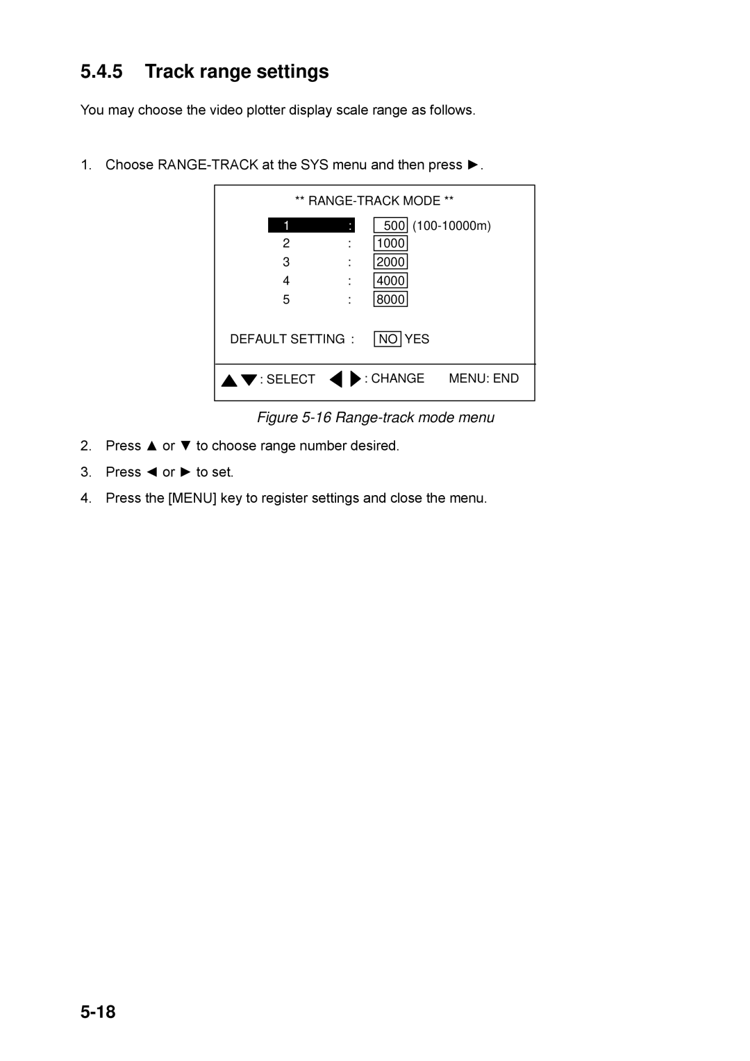 Furuno CH-250 manual Track range settings, Range-track mode menu 