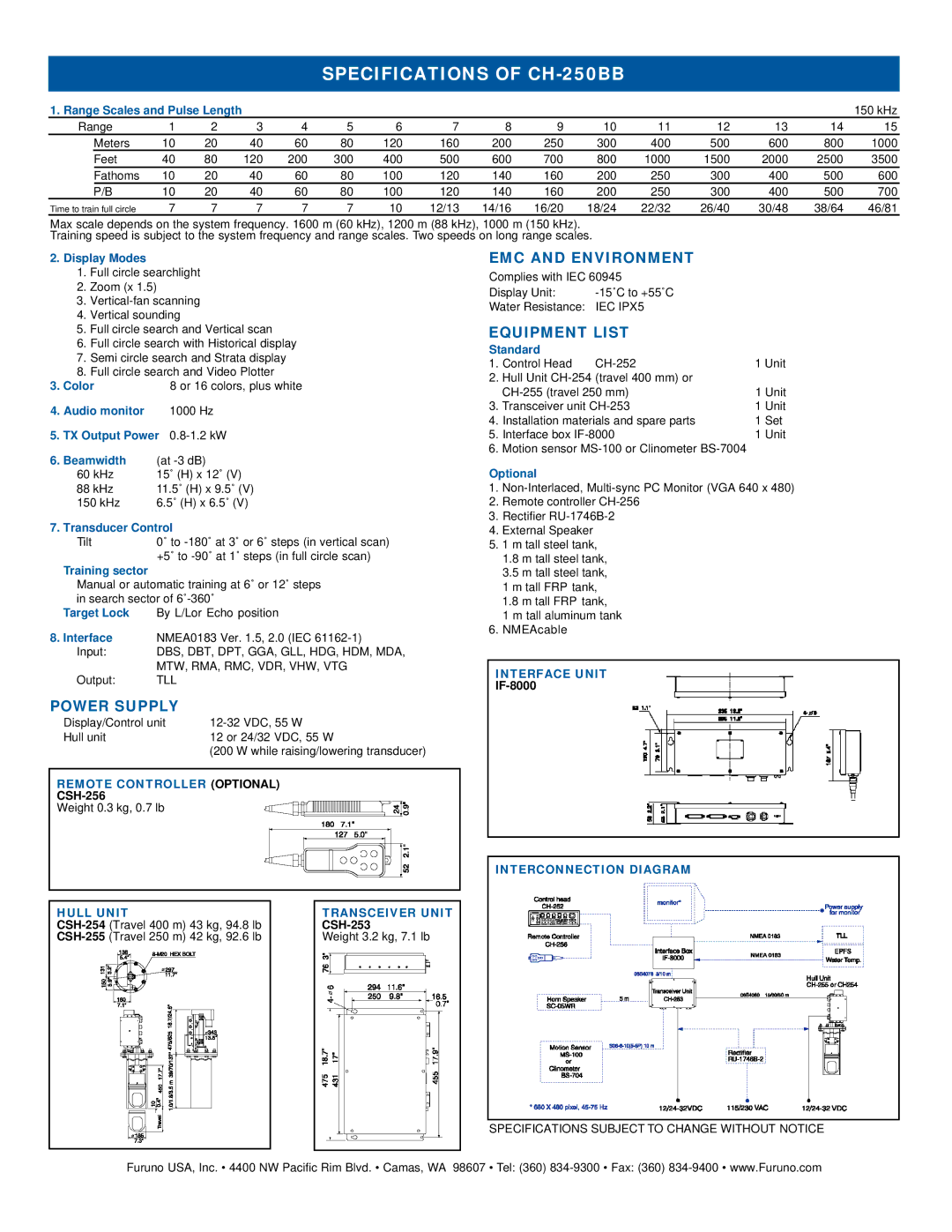 Furuno CH-250BB manual EMC and Environment, Equipment List, Power Supply 