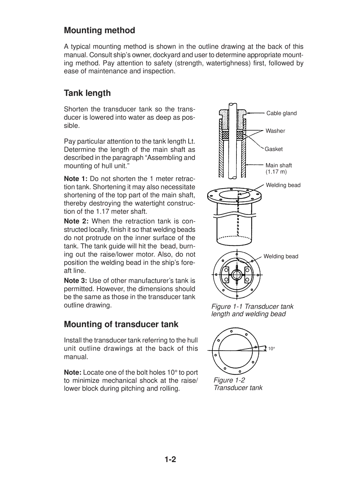 Furuno CH-37 manual Mounting method, Tank length, Mounting of transducer tank 