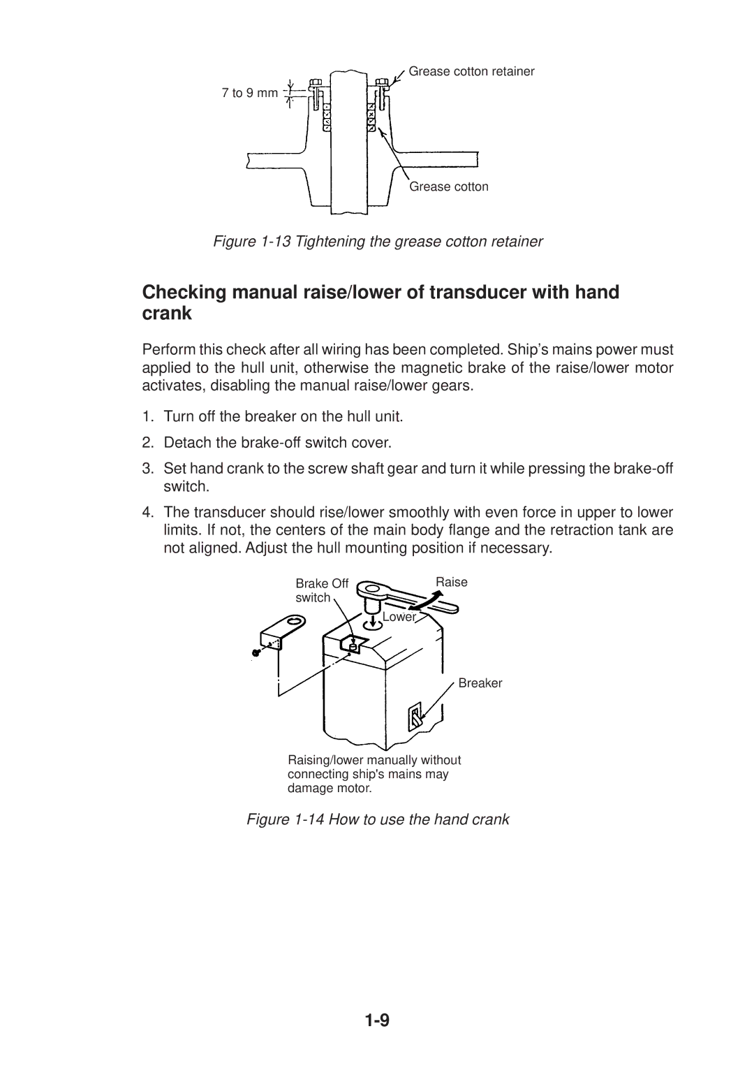 Furuno CH-37 Checking manual raise/lower of transducer with hand crank, Tightening the grease cotton retainer 