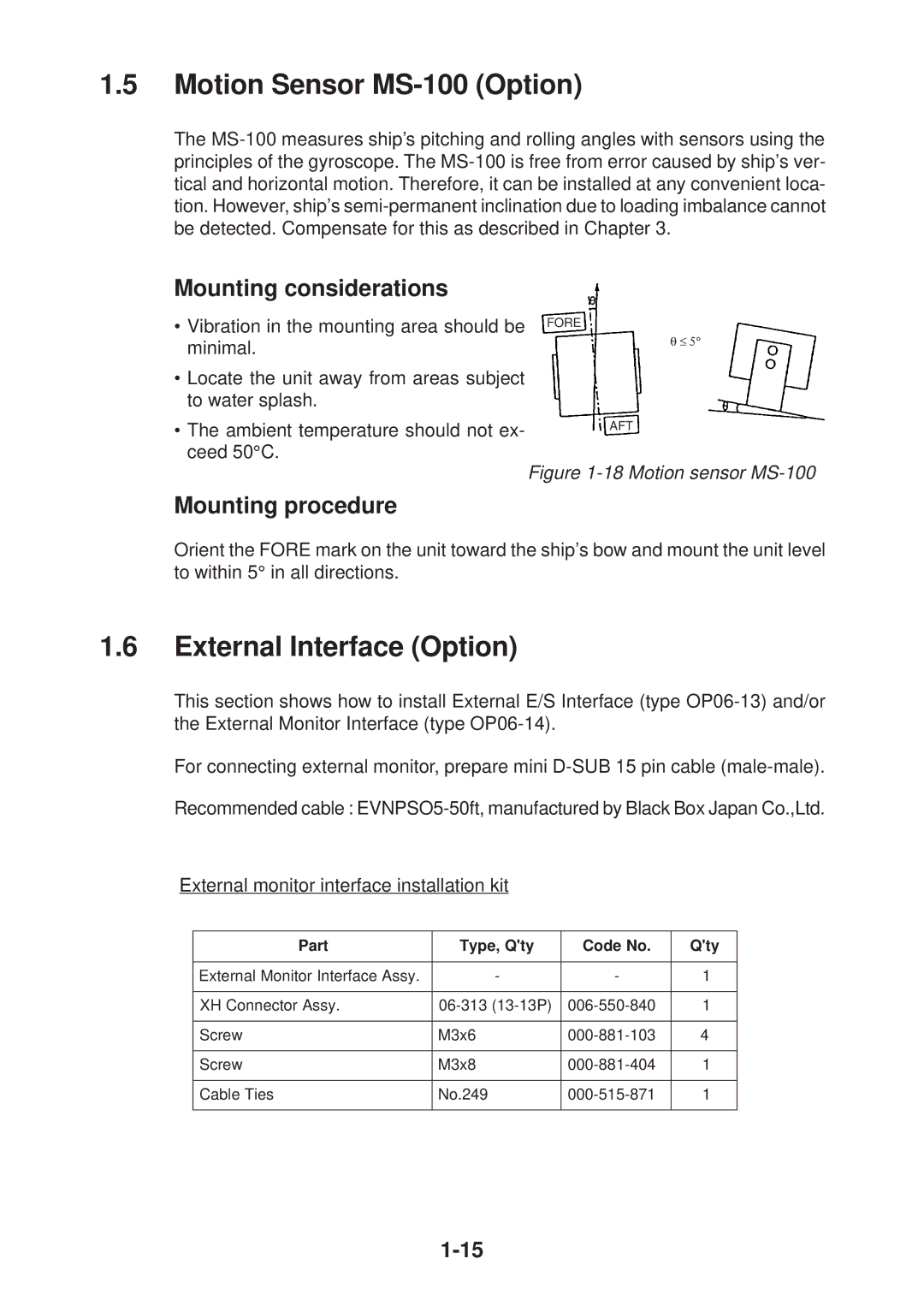 Furuno CH-37 manual Motion Sensor MS-100 Option, External Interface Option, Mounting procedure 