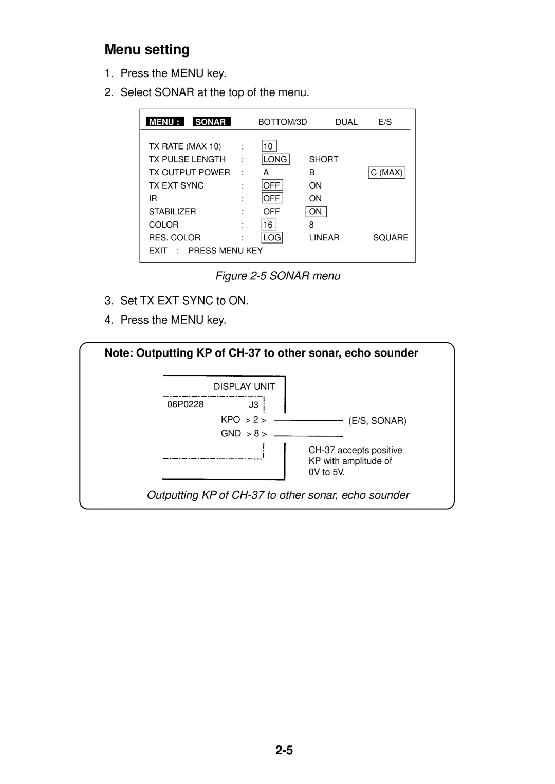 Furuno CH-37 manual Menu setting, Press the Menu key Select Sonar at the top of the menu 