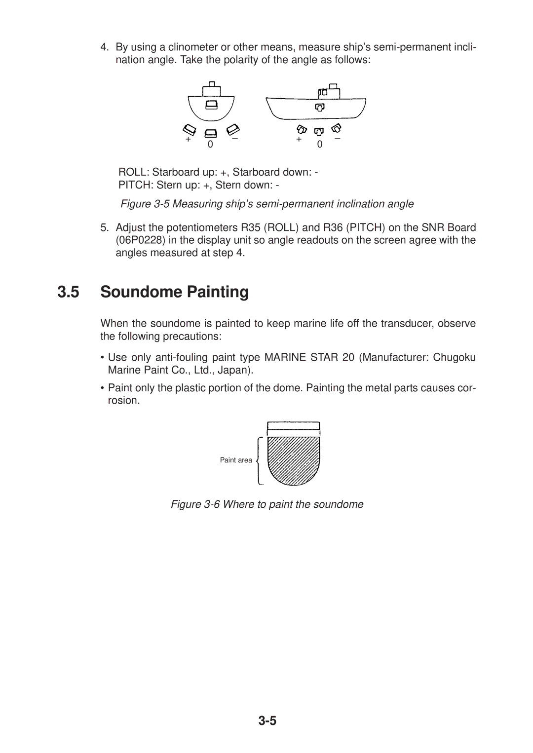 Furuno CH-37 manual Soundome Painting, Measuring ship’s semi-permanent inclination angle 