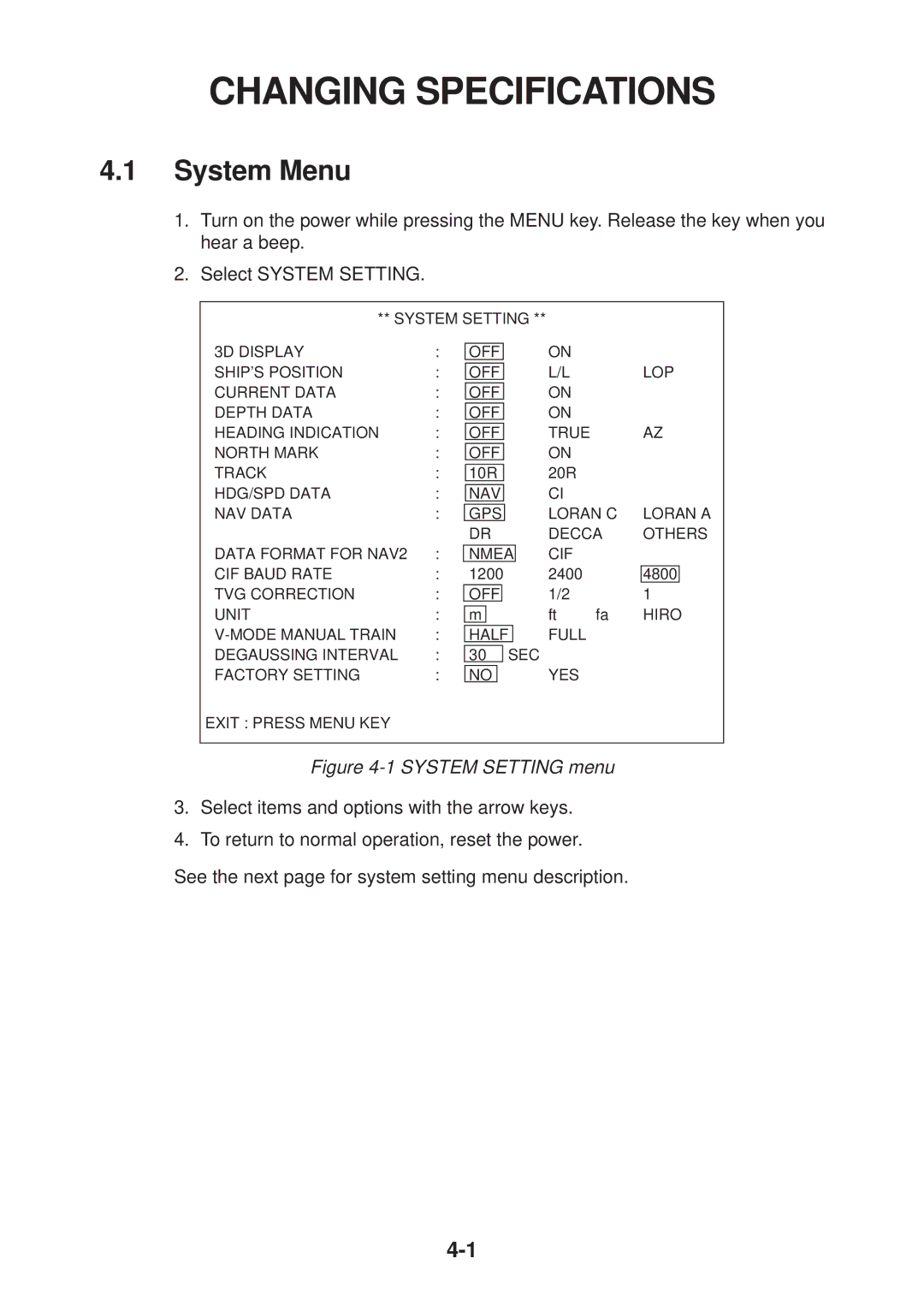 Furuno CH-37 manual Changing Specifications, System Menu 