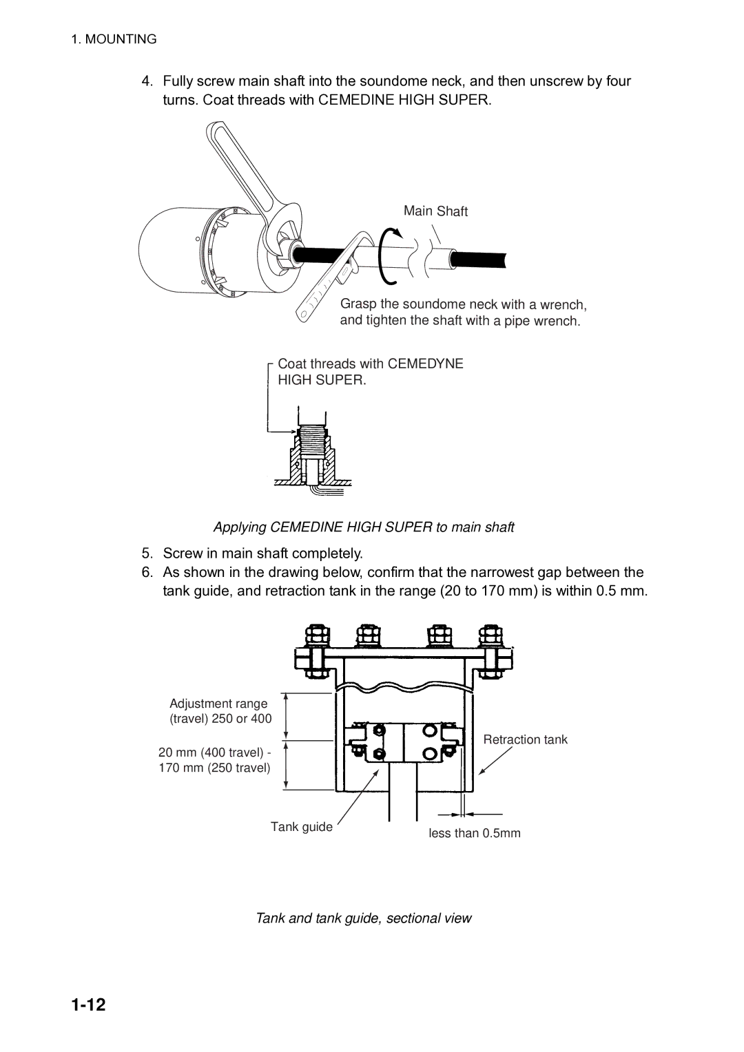 Furuno CH300 manual Applying Cemedine High Super to main shaft, Tank and tank guide, sectional view 