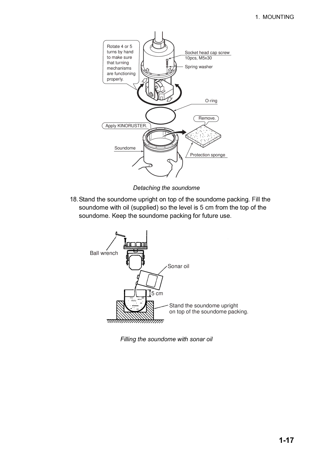 Furuno CH300 manual Detaching the soundome, Filling the soundome with sonar oil 