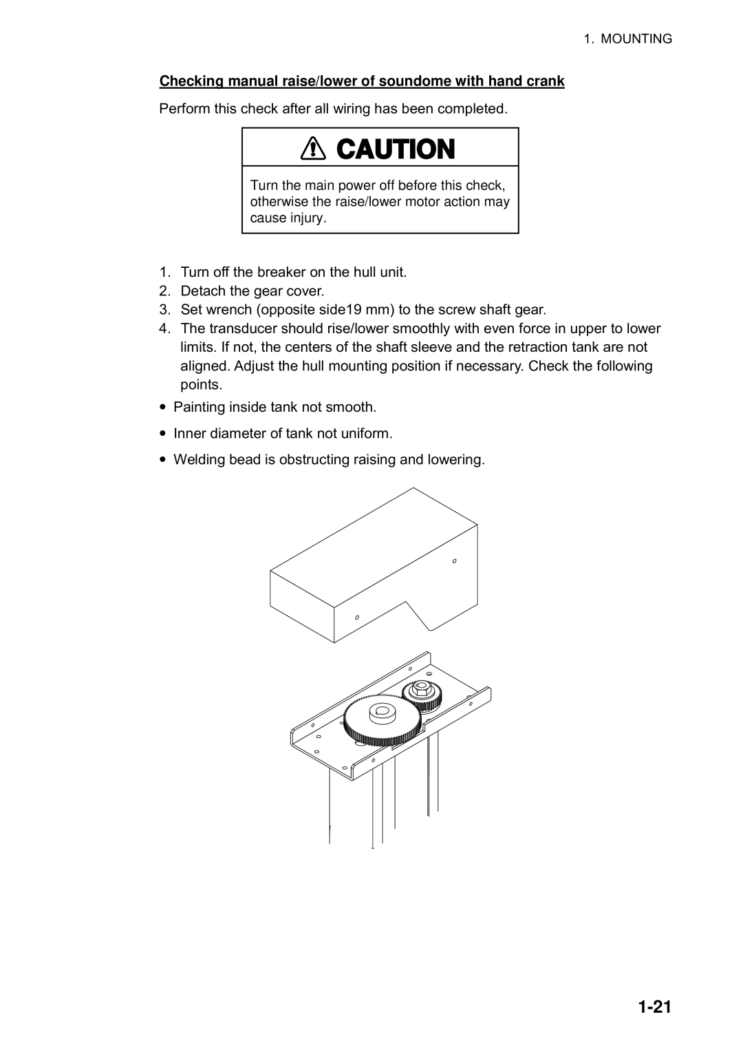 Furuno CH300 Checking manual raise/lower of soundome with hand crank 