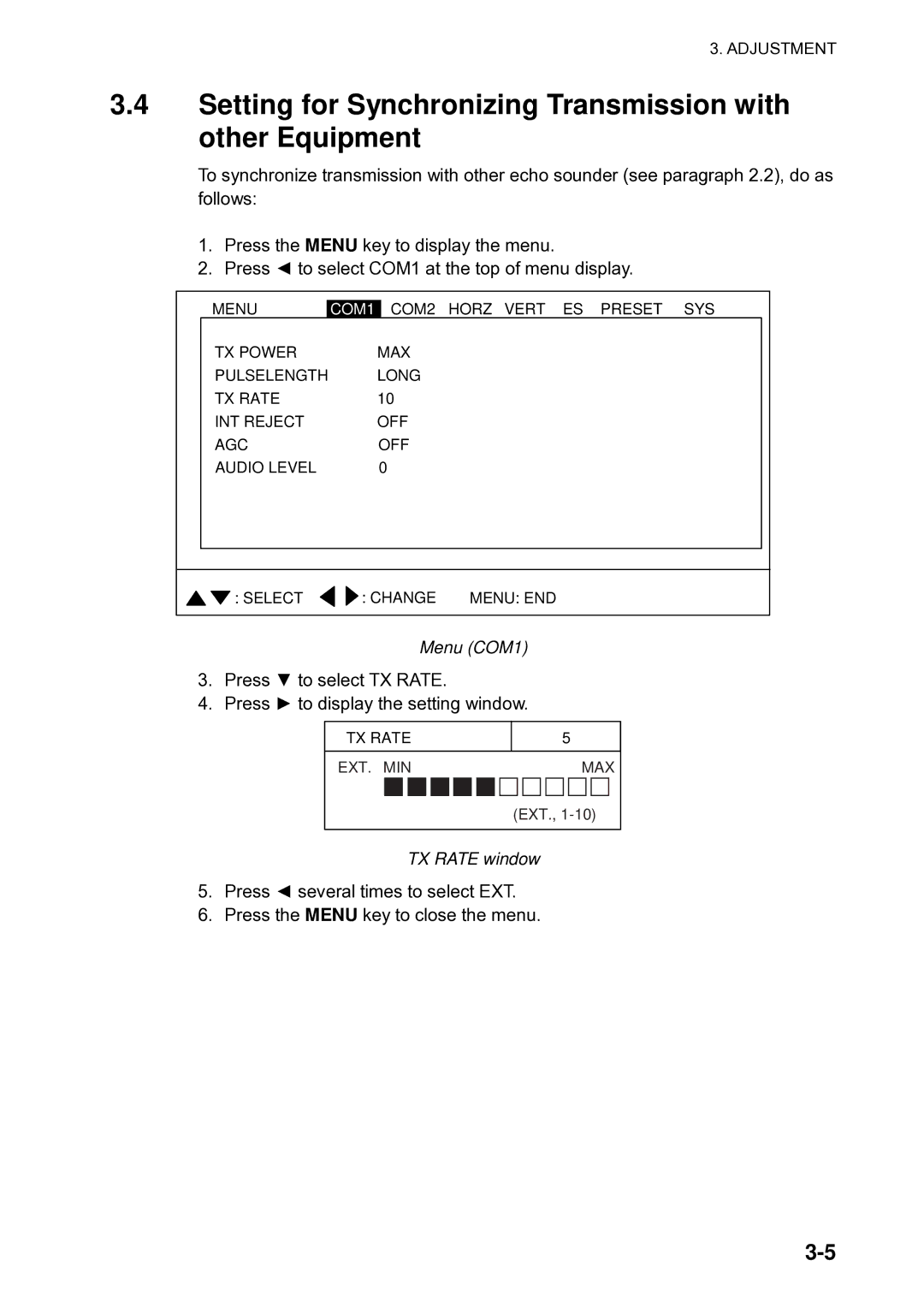 Furuno CH300 manual Setting for Synchronizing Transmission with other Equipment, Menu COM1, TX Rate window 