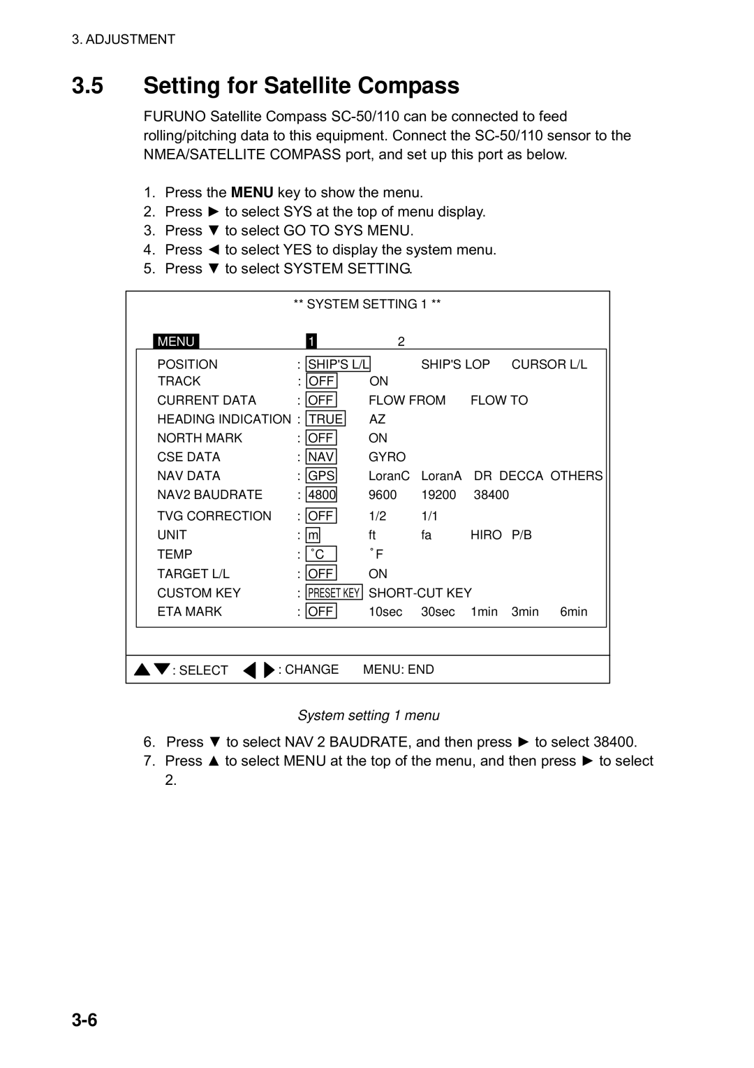 Furuno CH300 manual Setting for Satellite Compass, System setting 1 menu 