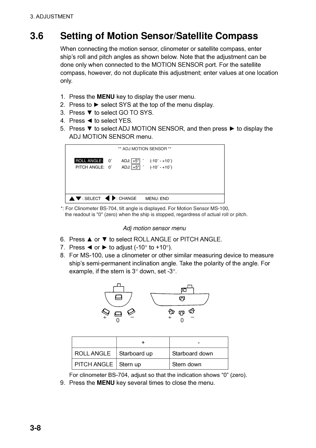 Furuno CH300 manual Setting of Motion Sensor/Satellite Compass, Adj motion sensor menu 