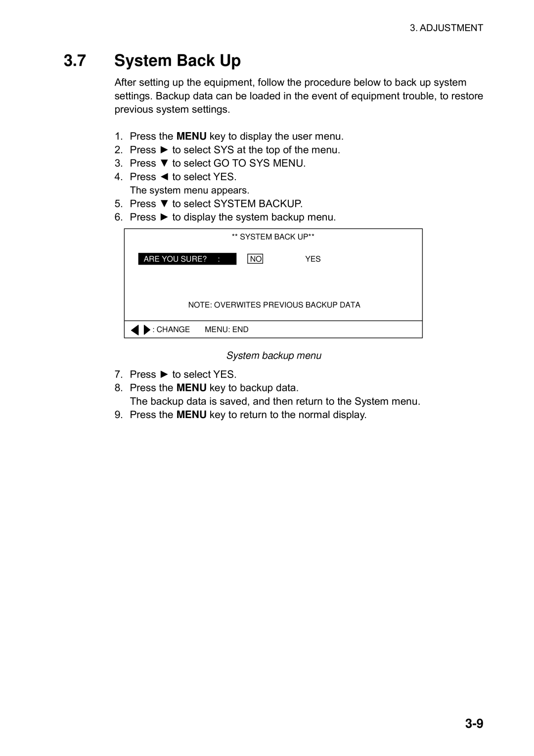 Furuno CH300 manual System Back Up, System backup menu 