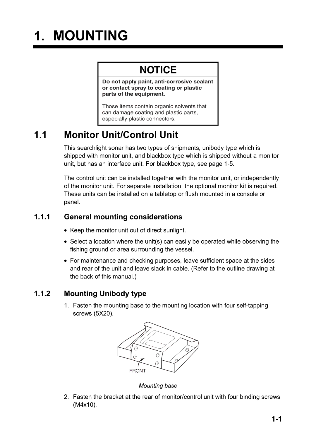 Furuno CH300 manual Monitor Unit/Control Unit, Mounting base 