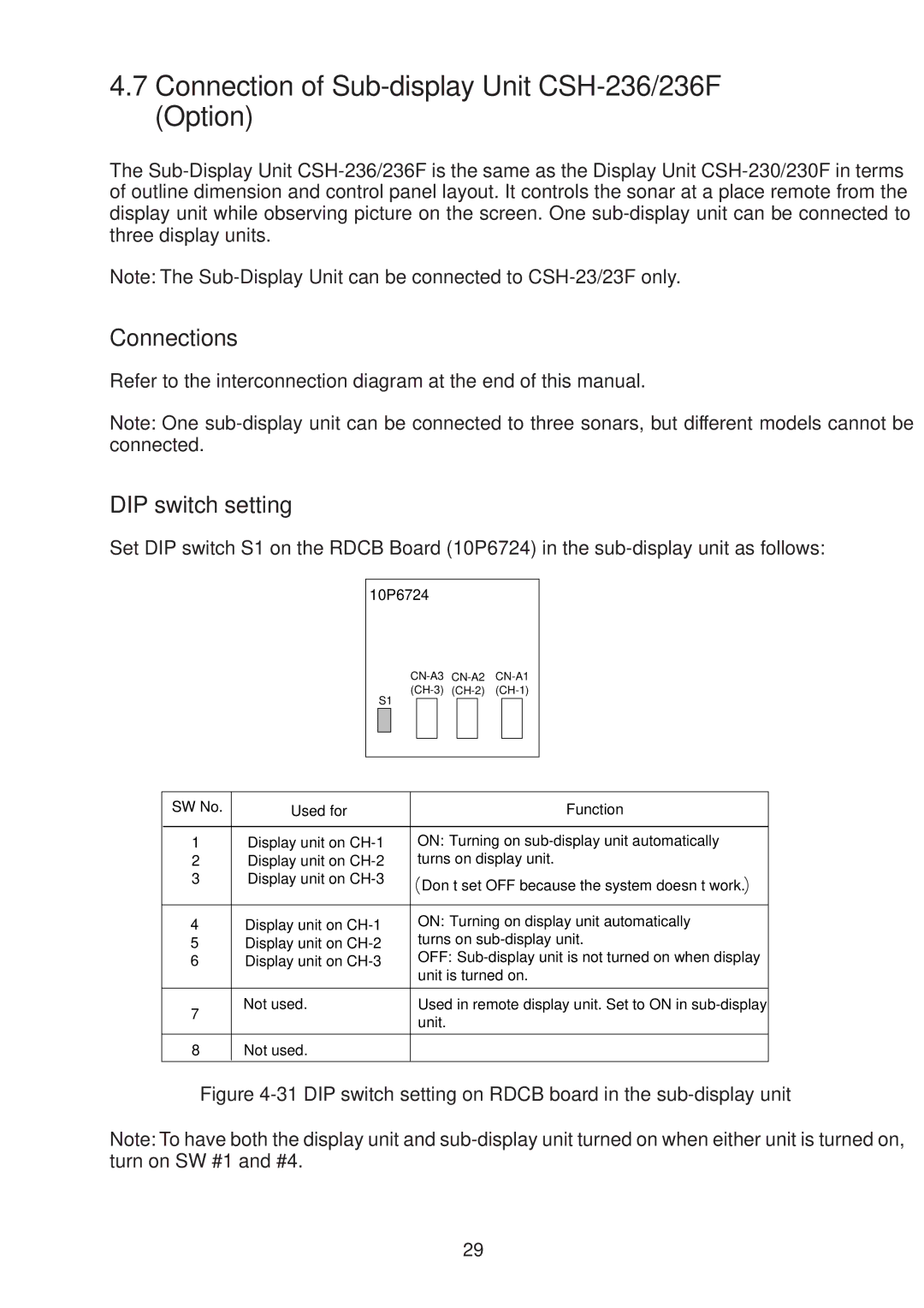 Furuno CSH-23F, CSH-24F manual Connection of Sub-display Unit CSH-236/236F Option, Connections, DIP switch setting 