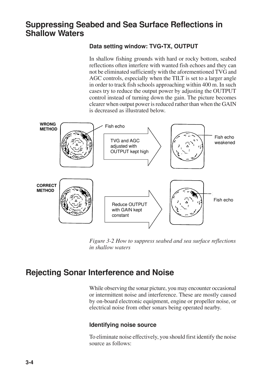 Furuno CSH-23F/24F Rejecting Sonar Interference and Noise, Data setting window TVGTX, Output, Identifying noise source 