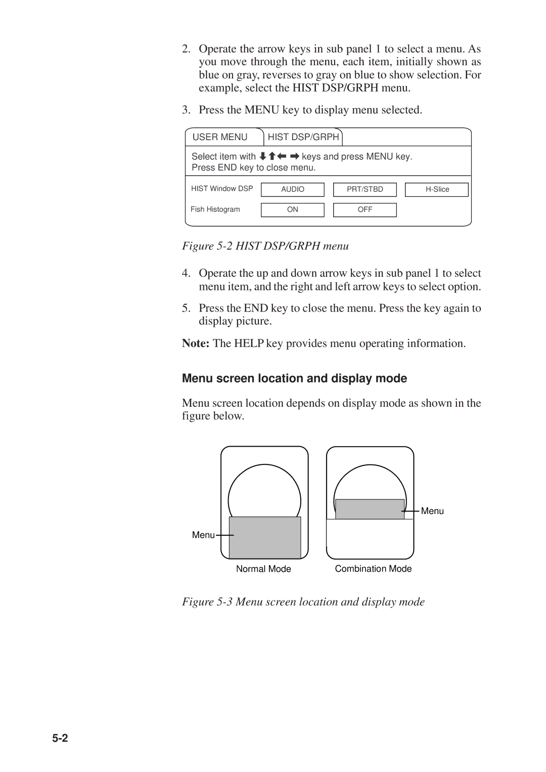 Furuno CSH-23F/24F manual Menu screen location and display mode, User Menu Hist DSP/GRPH 