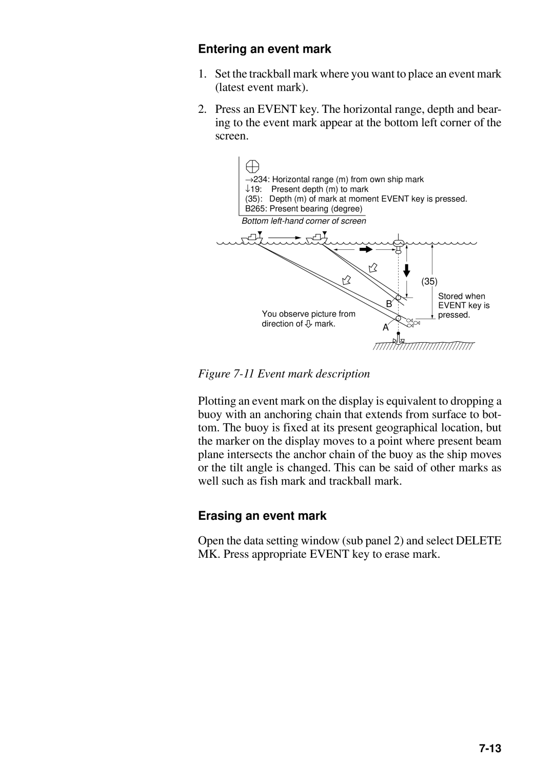 Furuno CSH-23F/24F manual Entering an event mark, Erasing an event mark 