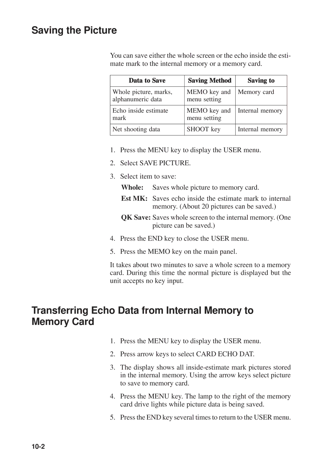 Furuno CSH-23F/24F manual Saving the Picture, Transferring Echo Data from Internal Memory to Memory Card 