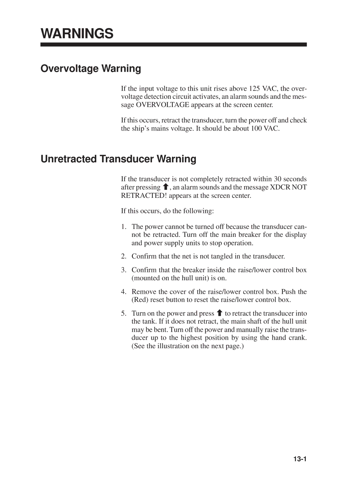 Furuno CSH-23F/24F manual Overvoltage Warning, Unretracted Transducer Warning 