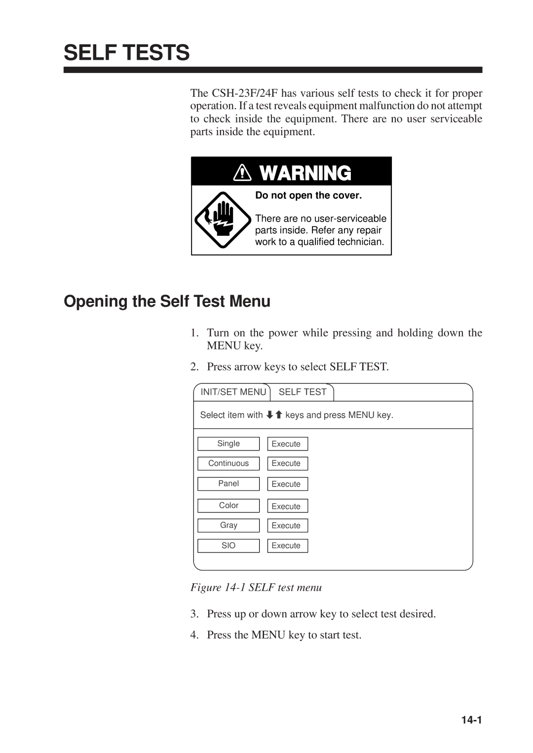 Furuno CSH-23F/24F manual Self Tests, Opening the Self Test Menu 