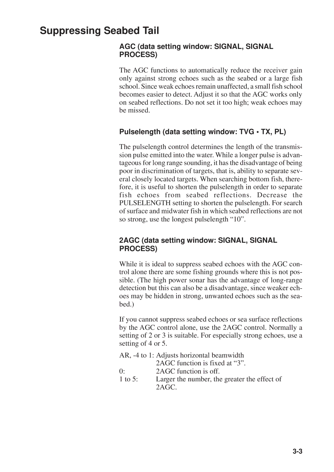 Furuno CSH-53 Suppressing Seabed Tail, AGC data setting window SIGNAL, Signal, Pulselength data setting window TVG TX, PL 