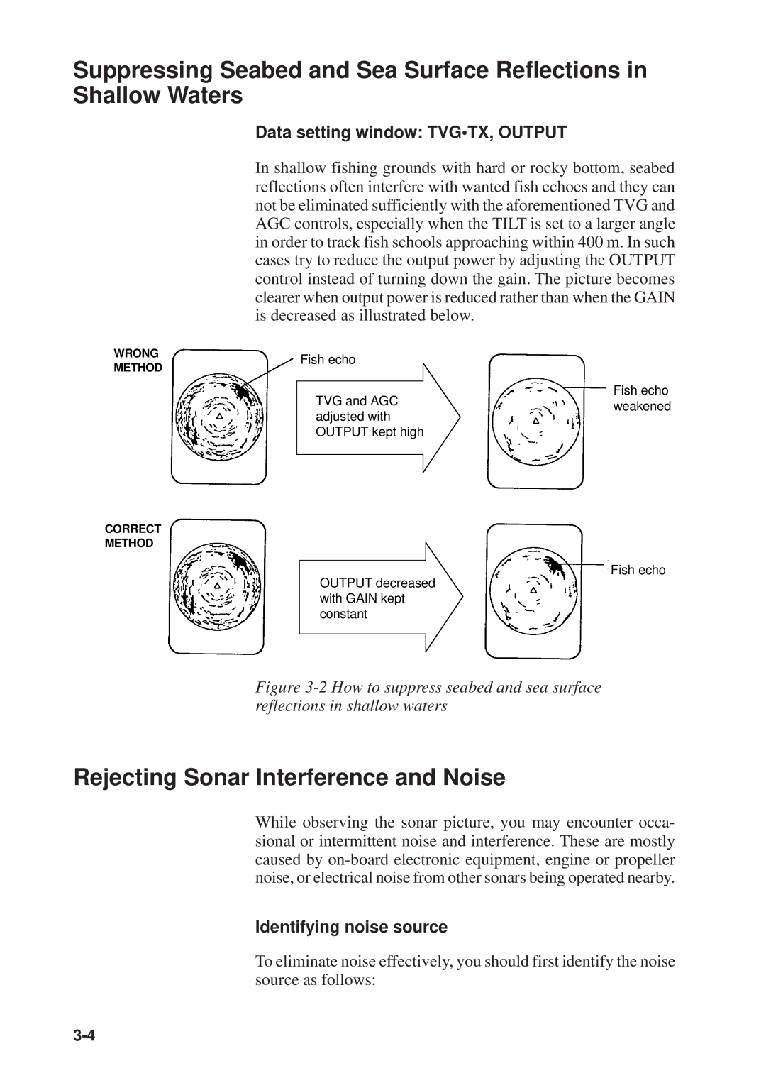 Furuno CSH-53 manual Rejecting Sonar Interference and Noise, Data setting window TVGTX, Output, Identifying noise source 