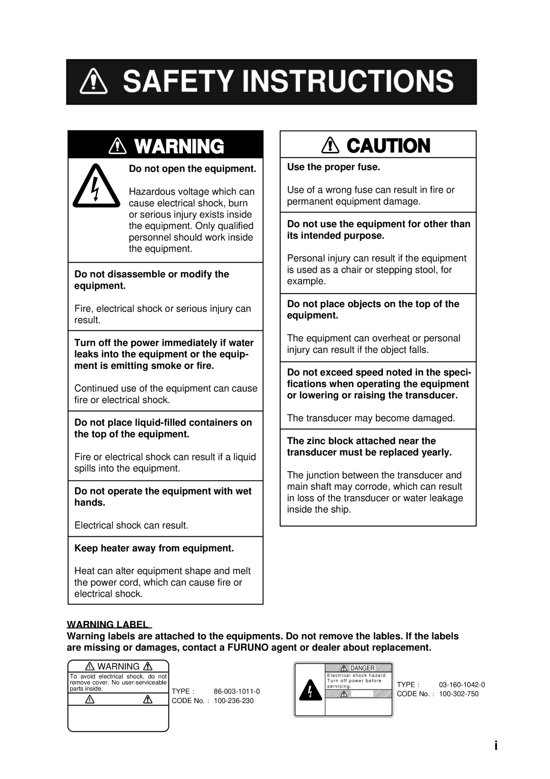 Furuno CSH-53 manual Safety Instructions 