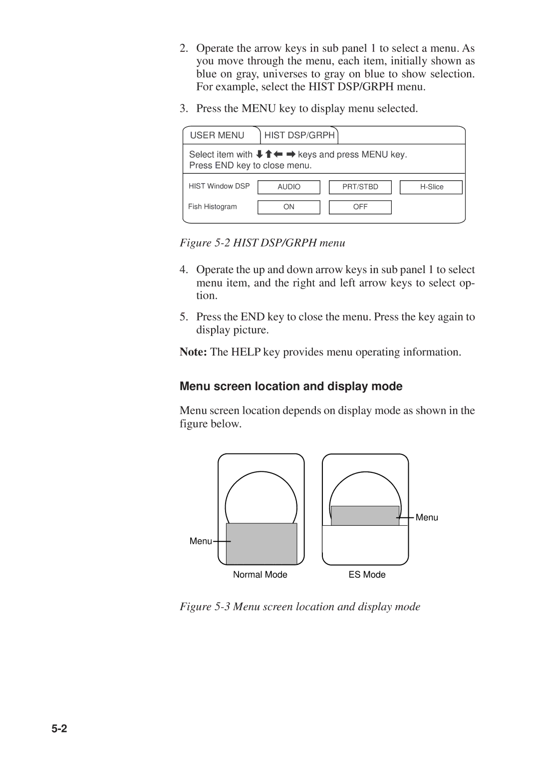 Furuno CSH-53 manual Menu screen location and display mode, User Menu Hist DSP/GRPH 