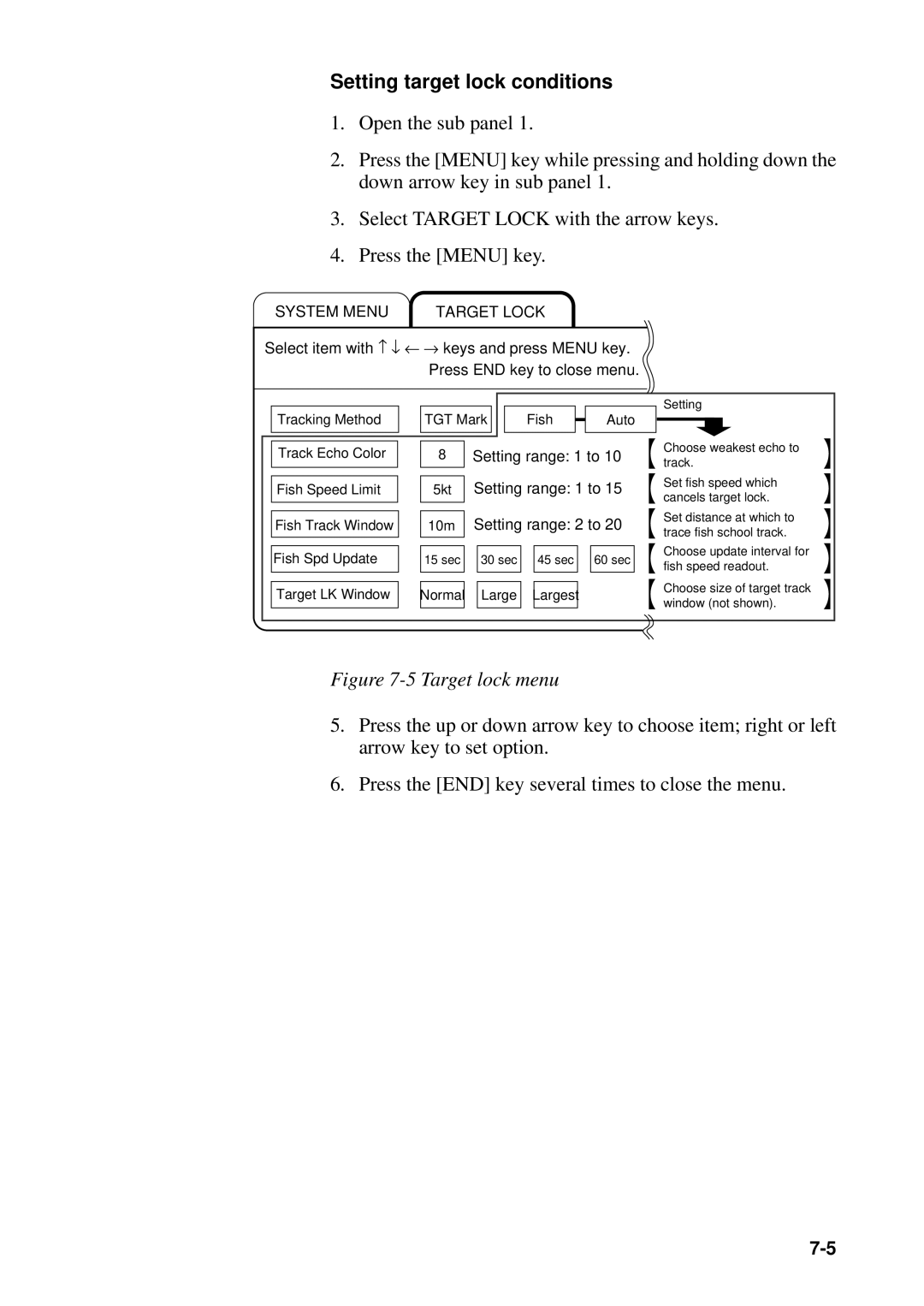Furuno CSH-53 manual Setting target lock conditions, System Menu Target Lock 