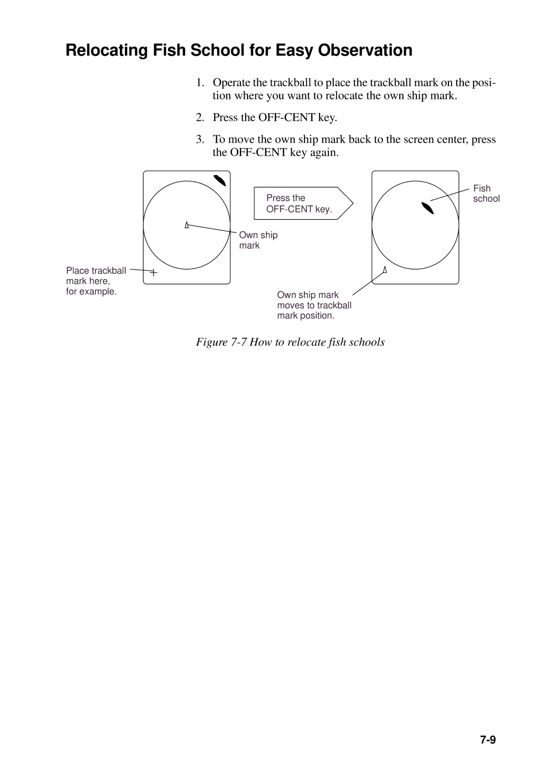 Furuno CSH-53 manual Relocating Fish School for Easy Observation, How to relocate fish schools 