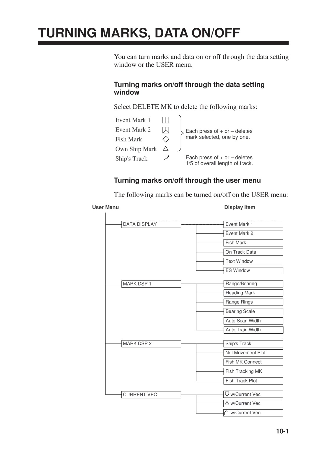 Furuno CSH-53 manual Turning MARKS, Data ON/OFF, Turning marks on/off through the data setting window 