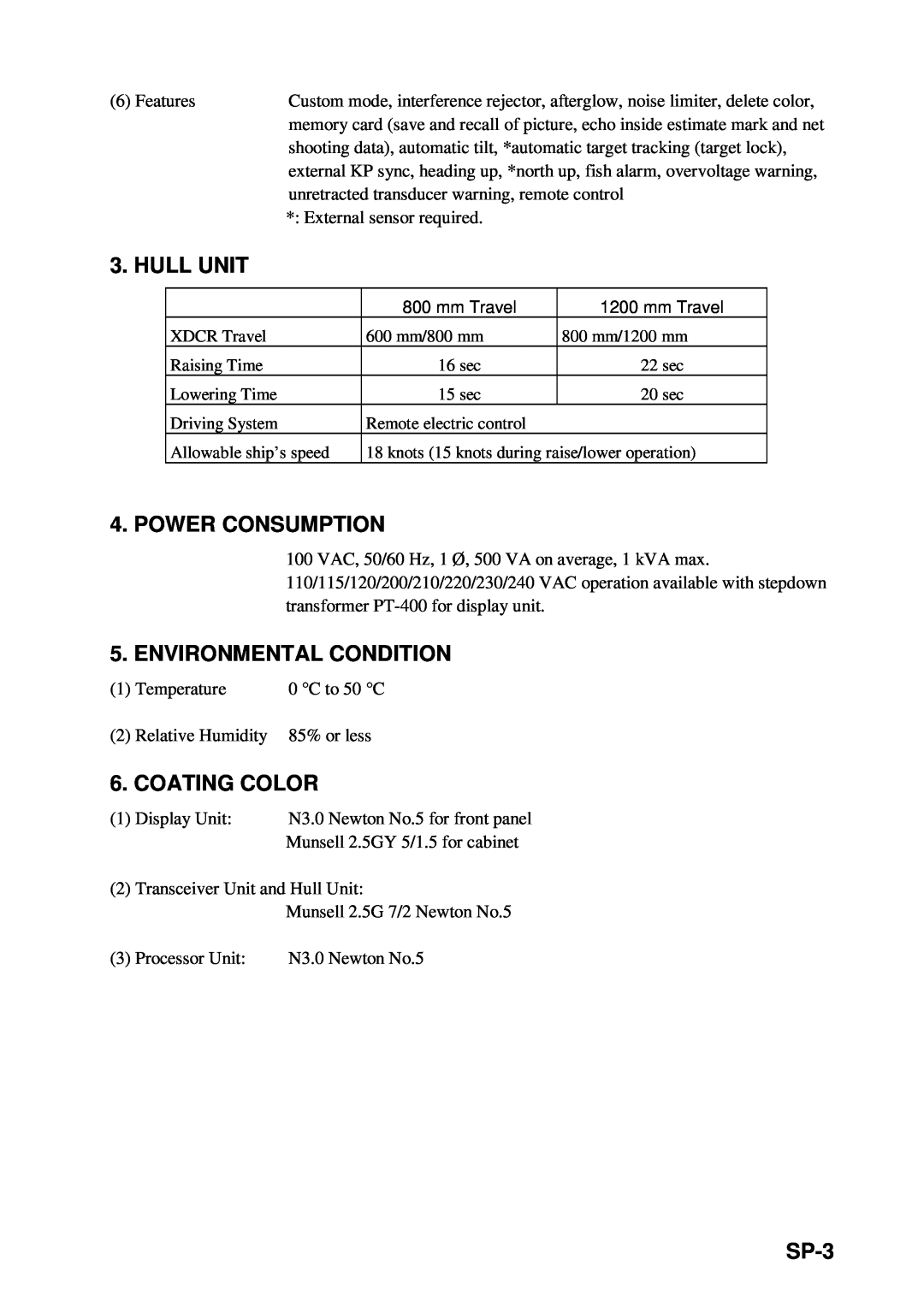 Furuno CSH-53 manual Hull Unit, Power Consumption, Environmental Condition, Coating Color, SP-3 