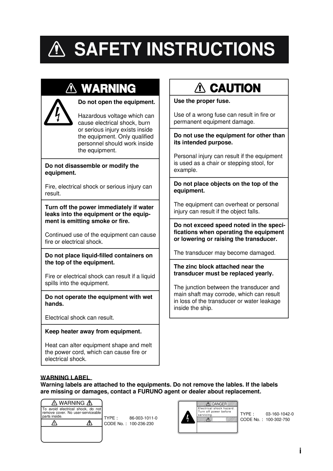 Furuno CSH-53 Safety Instructions, Do not open the equipment, Do not disassemble or modify the equipment, Warning Label 