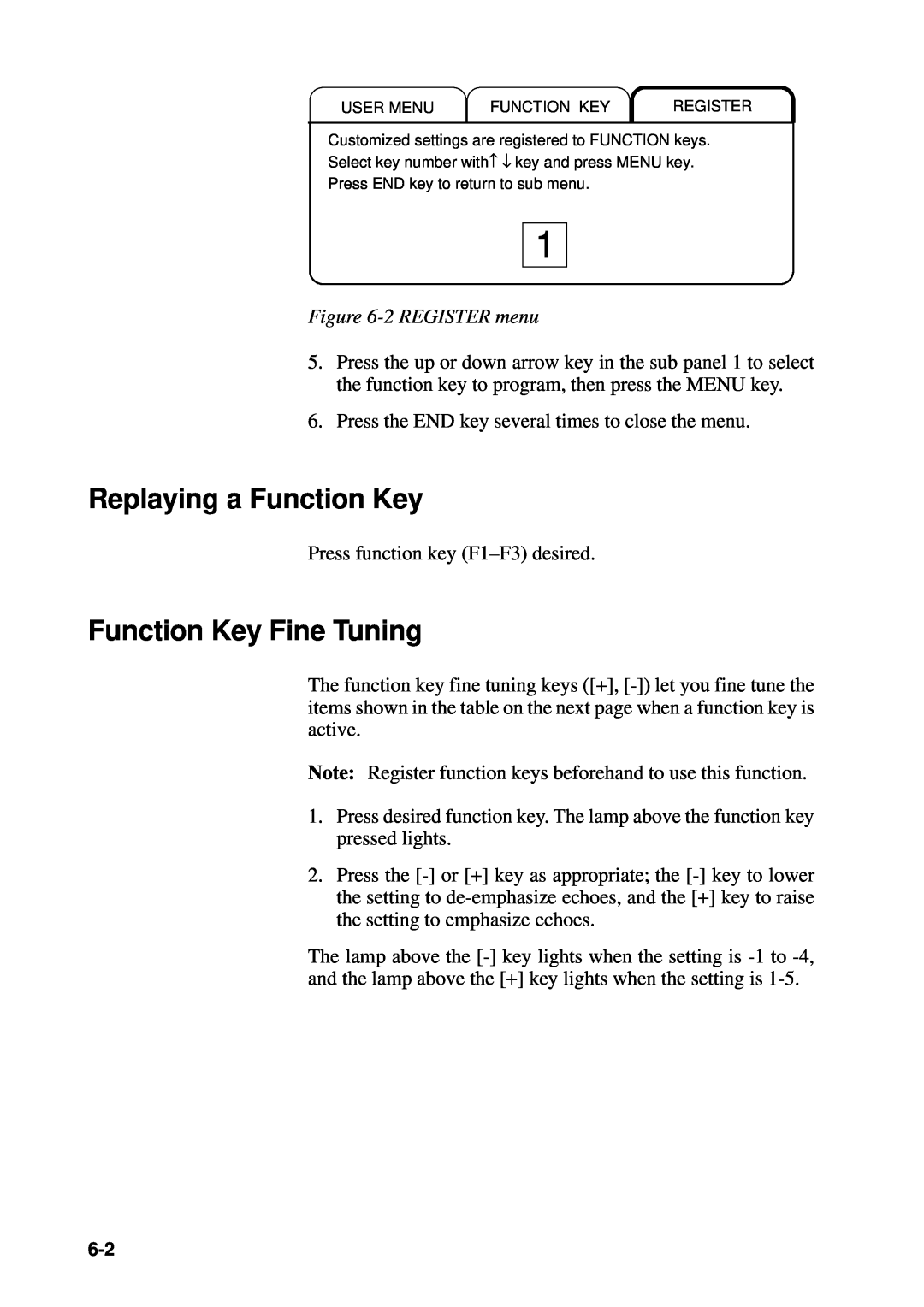Furuno CSH-53 manual Replaying a Function Key, Function Key Fine Tuning, 2 REGISTER menu 