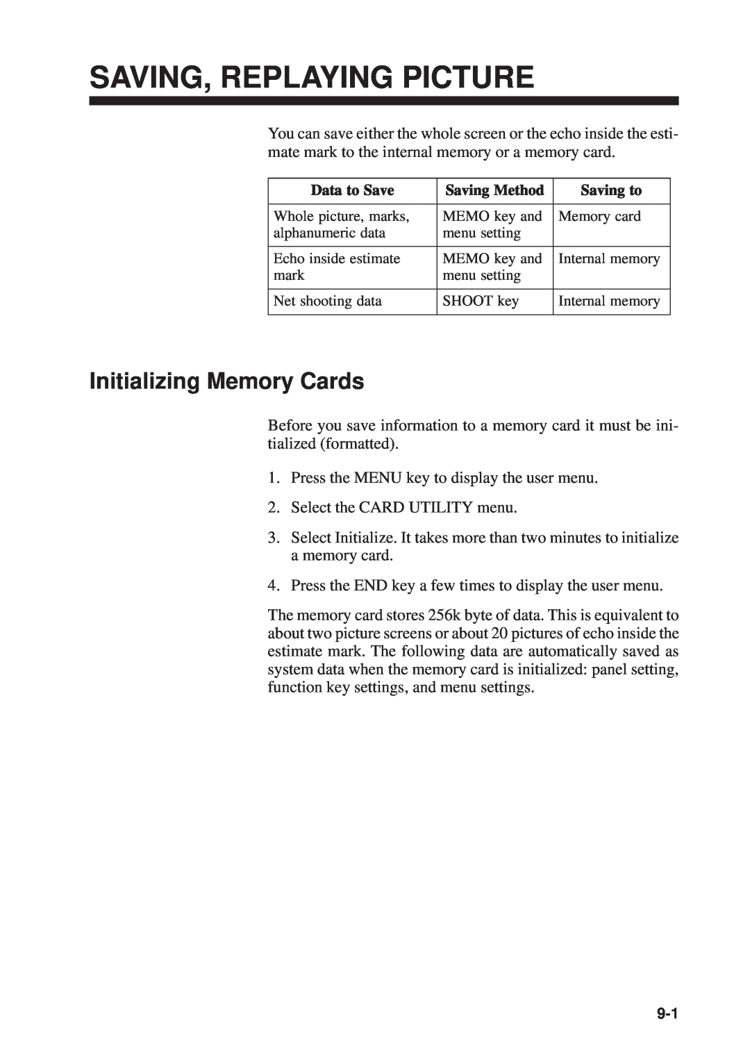 Furuno CSH-53 manual Saving, Replaying Picture, Initializing Memory Cards 