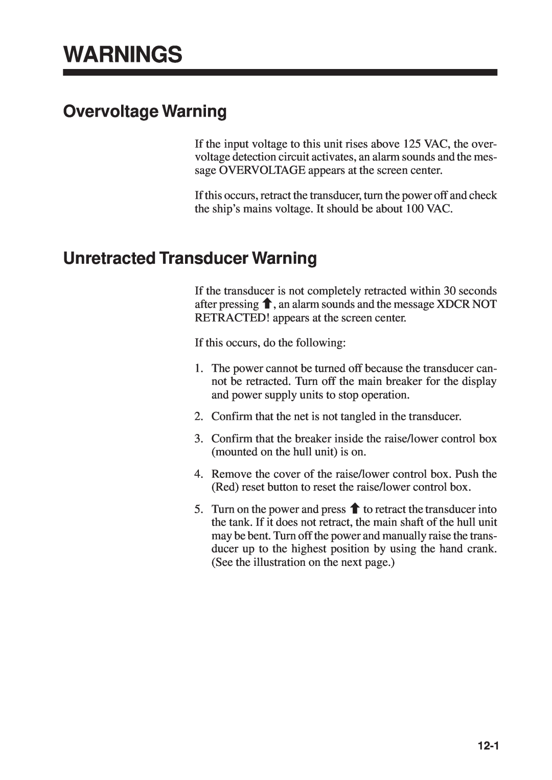 Furuno CSH-53 manual Warnings, Overvoltage Warning, Unretracted Transducer Warning 