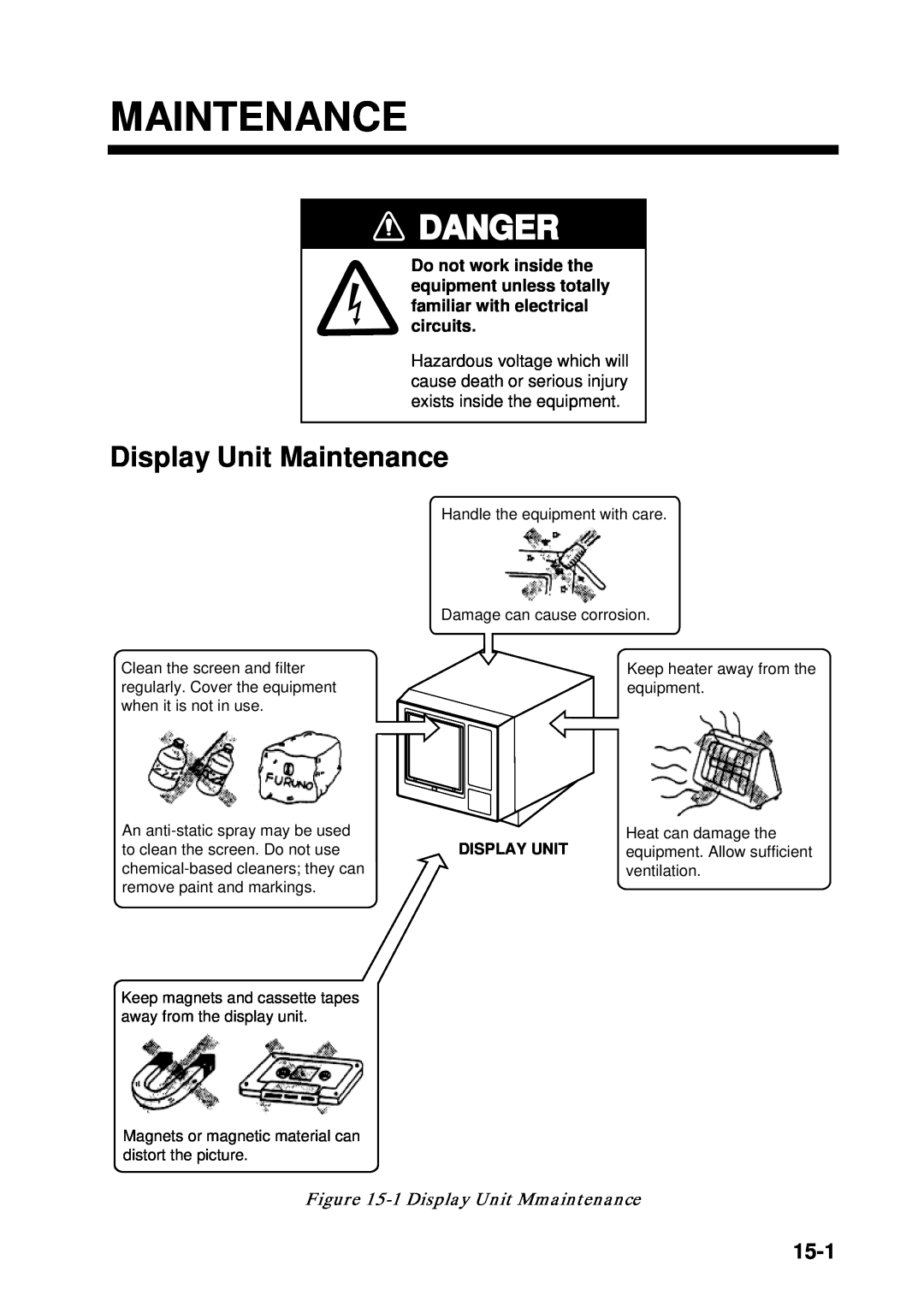 Furuno CSH-53 manual Display Unit Maintenance, 15-1, Danger, 1 Display Unit Mmaintenance 