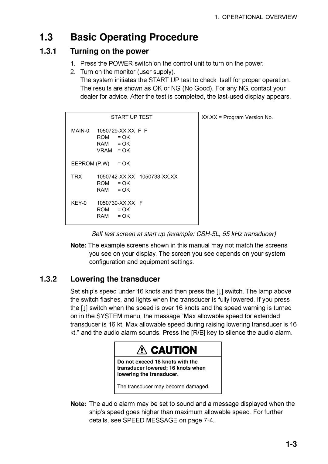 Furuno CSH-5L/CSH-8L manual Basic Operating Procedure, Turning on the power, Lowering the transducer 