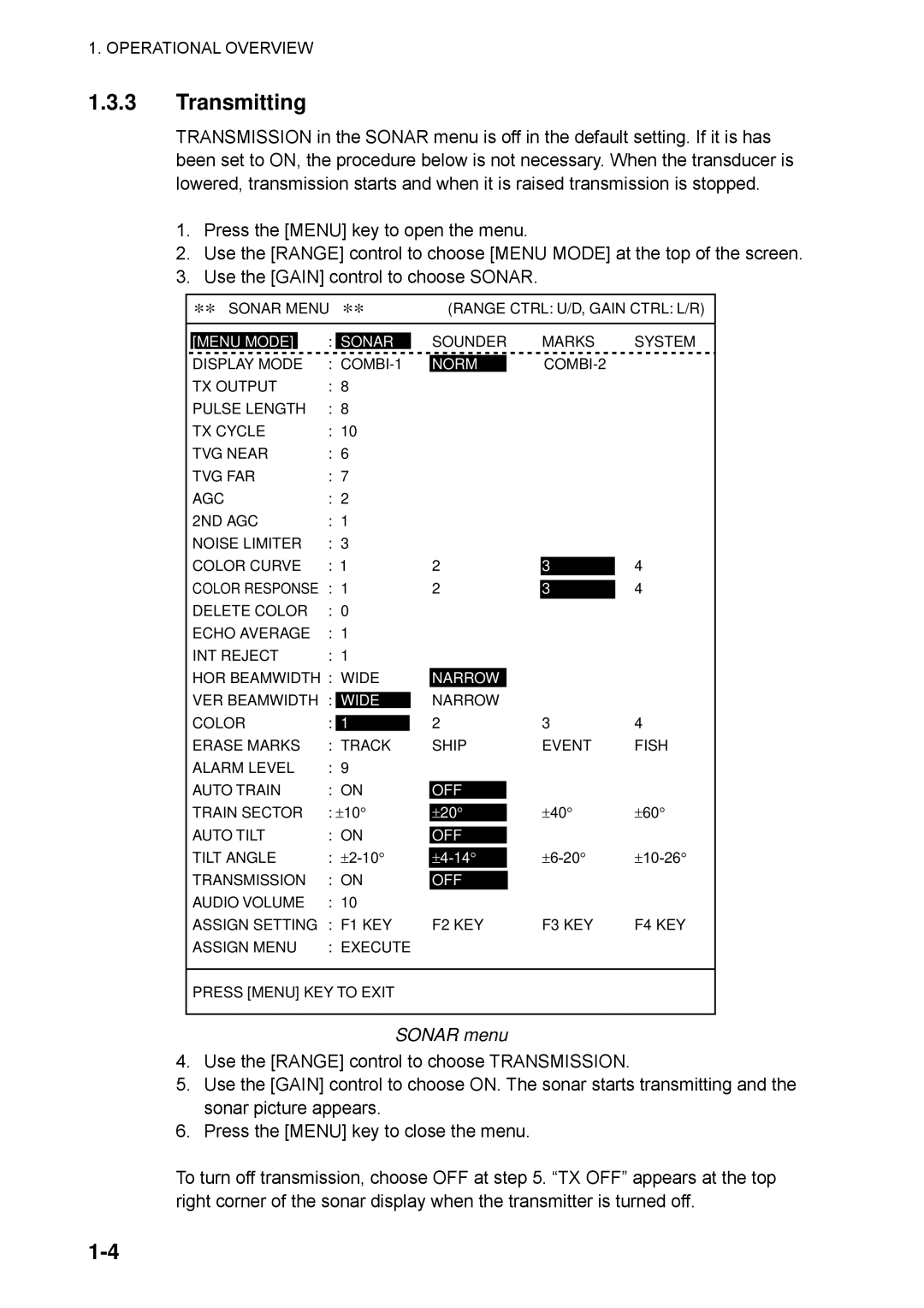 Furuno CSH-5L/CSH-8L manual Transmitting, Sonar menu 