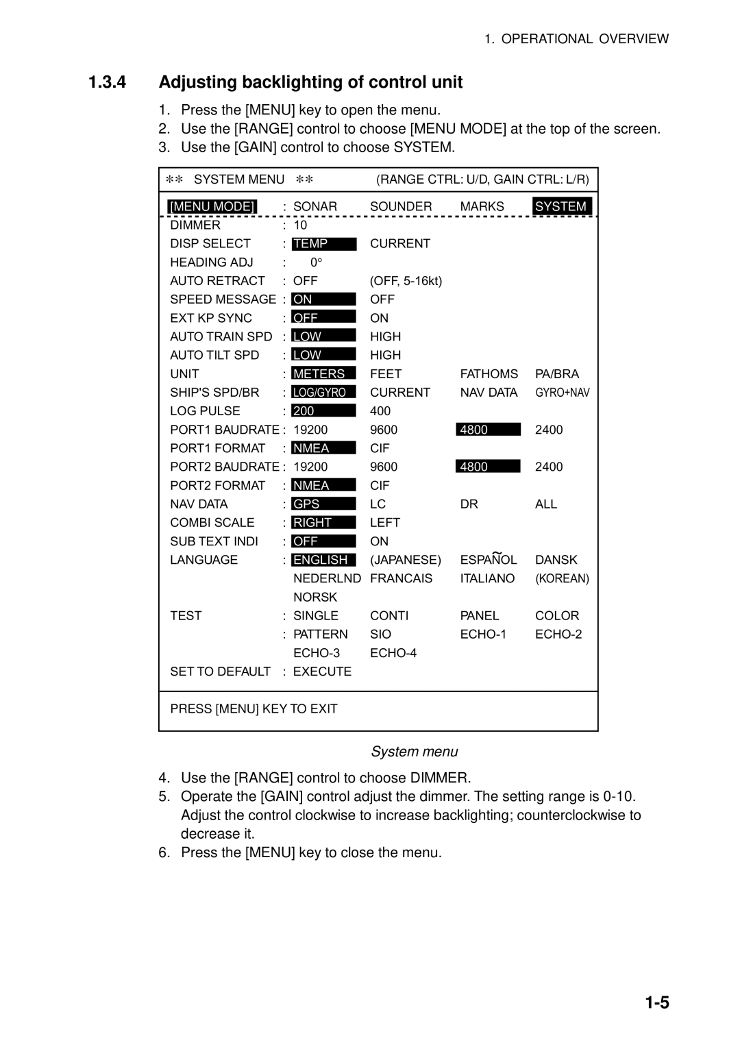 Furuno CSH-5L/CSH-8L manual Adjusting backlighting of control unit, System menu 