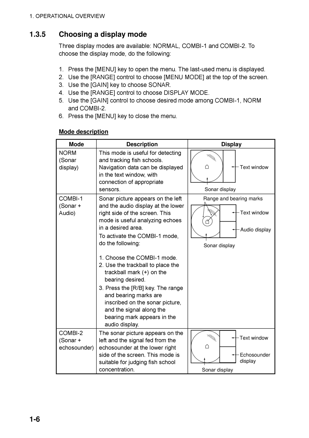 Furuno CSH-5L/CSH-8L manual Choosing a display mode, Mode description Description Display, Norm, COMBI-1, COMBI-2 