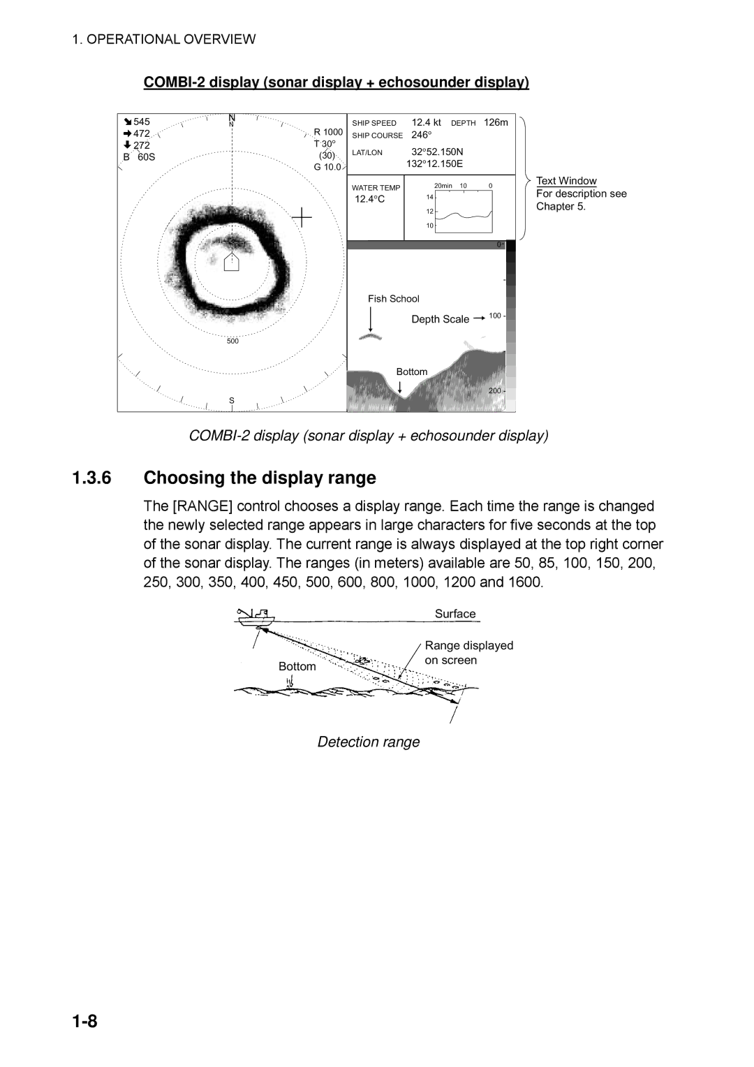Furuno CSH-5L/CSH-8L Choosing the display range, COMBI-2 display sonar display + echosounder display, Detection range 