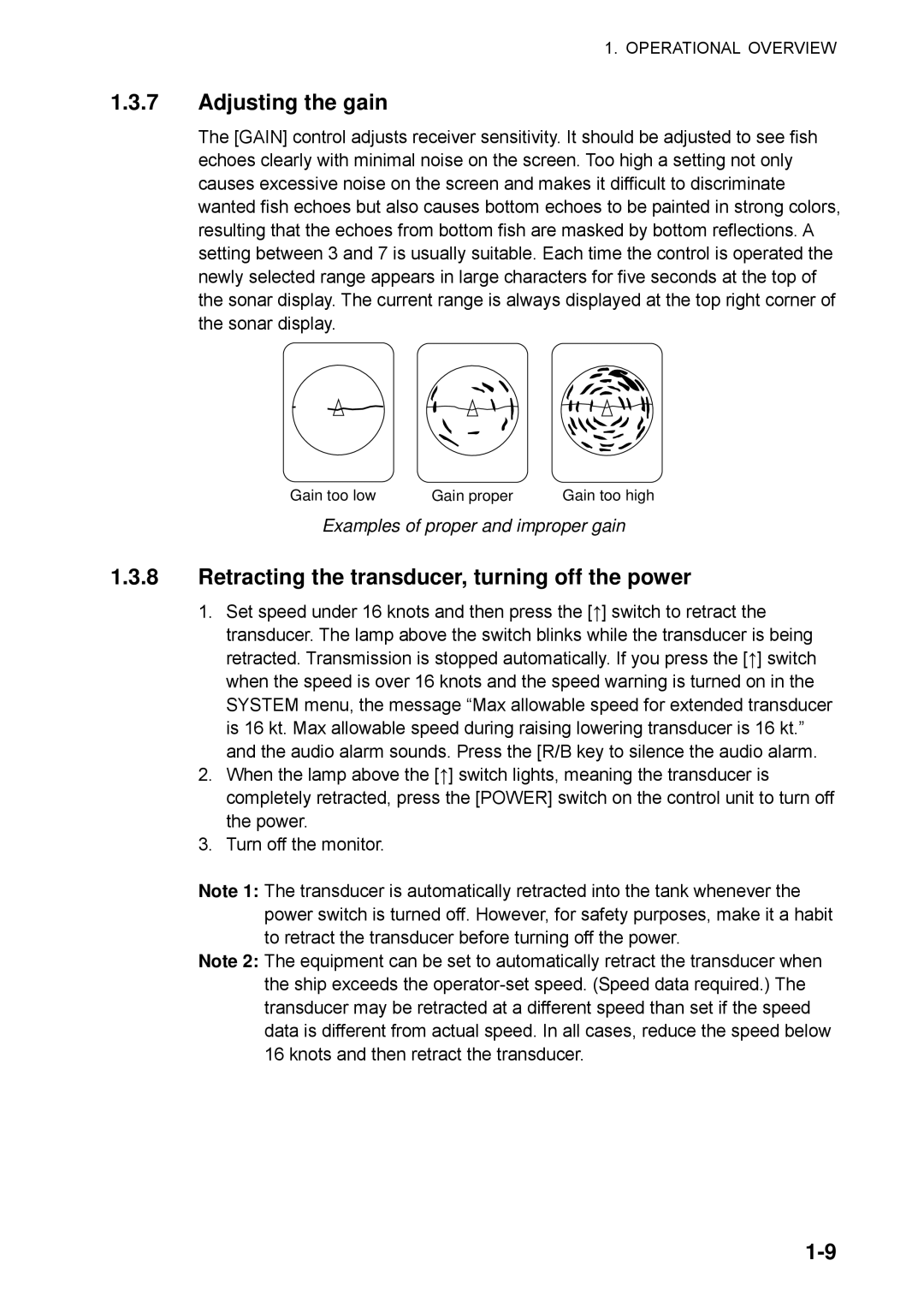 Furuno CSH-5L/CSH-8L manual Adjusting the gain, Retracting the transducer, turning off the power 