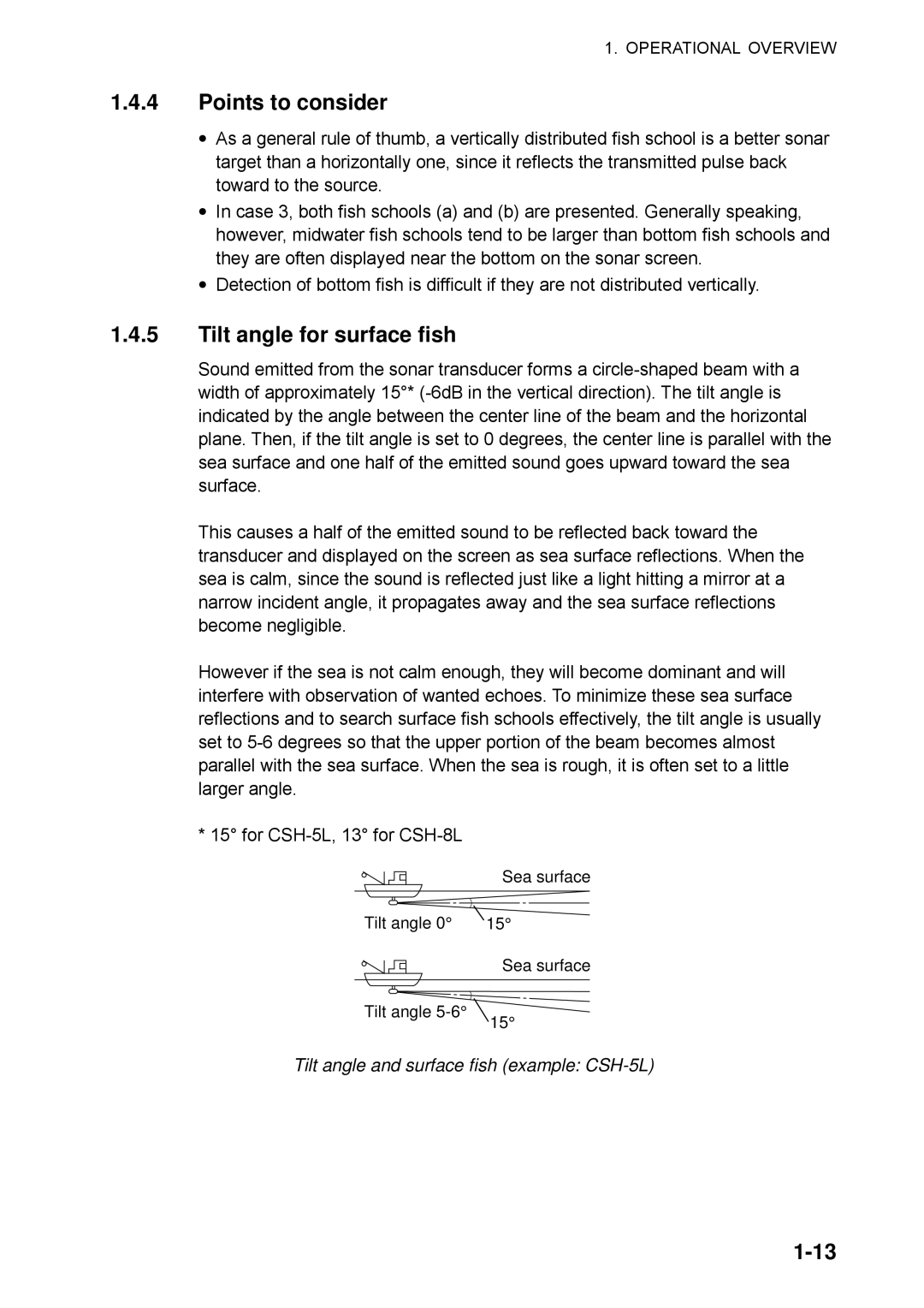 Furuno CSH-5L/CSH-8L manual Points to consider, Tilt angle for surface fish, Tilt angle and surface fish example CSH-5L 
