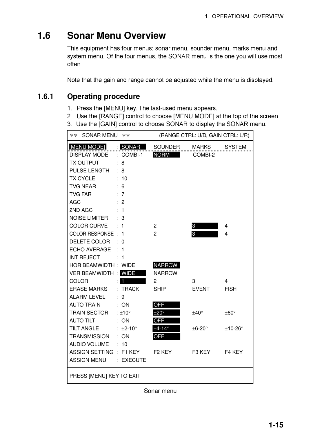 Furuno CSH-5L/CSH-8L manual Sonar Menu Overview, Operating procedure 