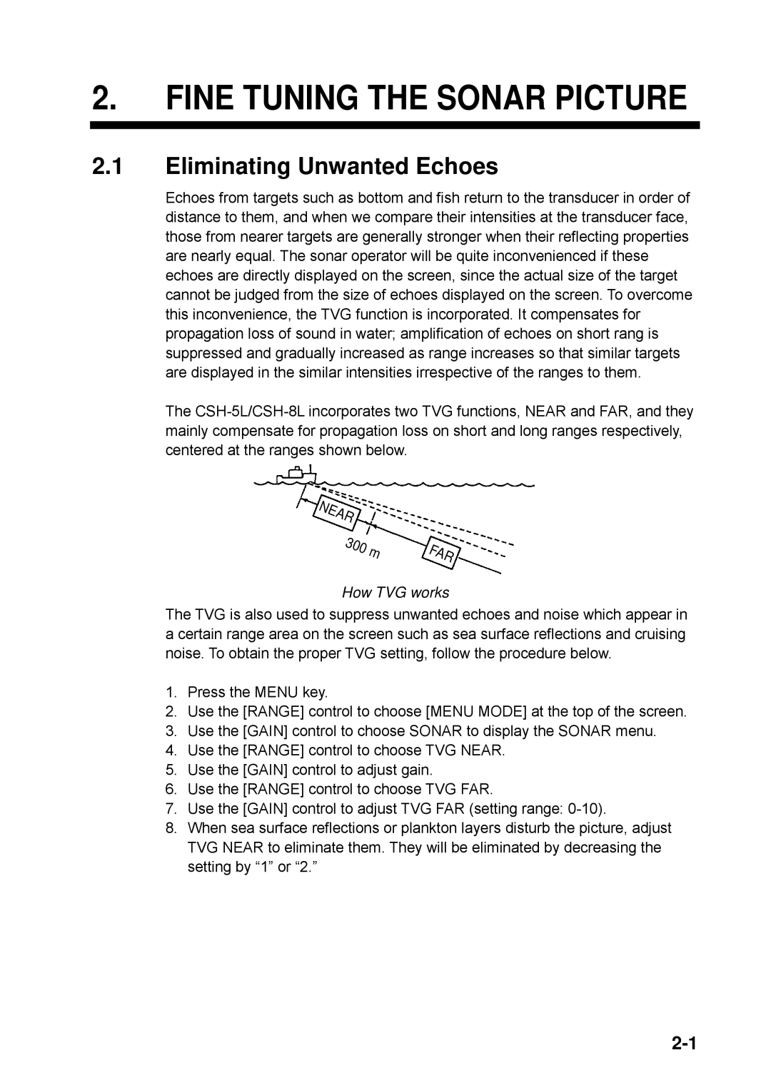 Furuno CSH-5L/CSH-8L manual Fine Tuning the Sonar Picture, Eliminating Unwanted Echoes, How TVG works 