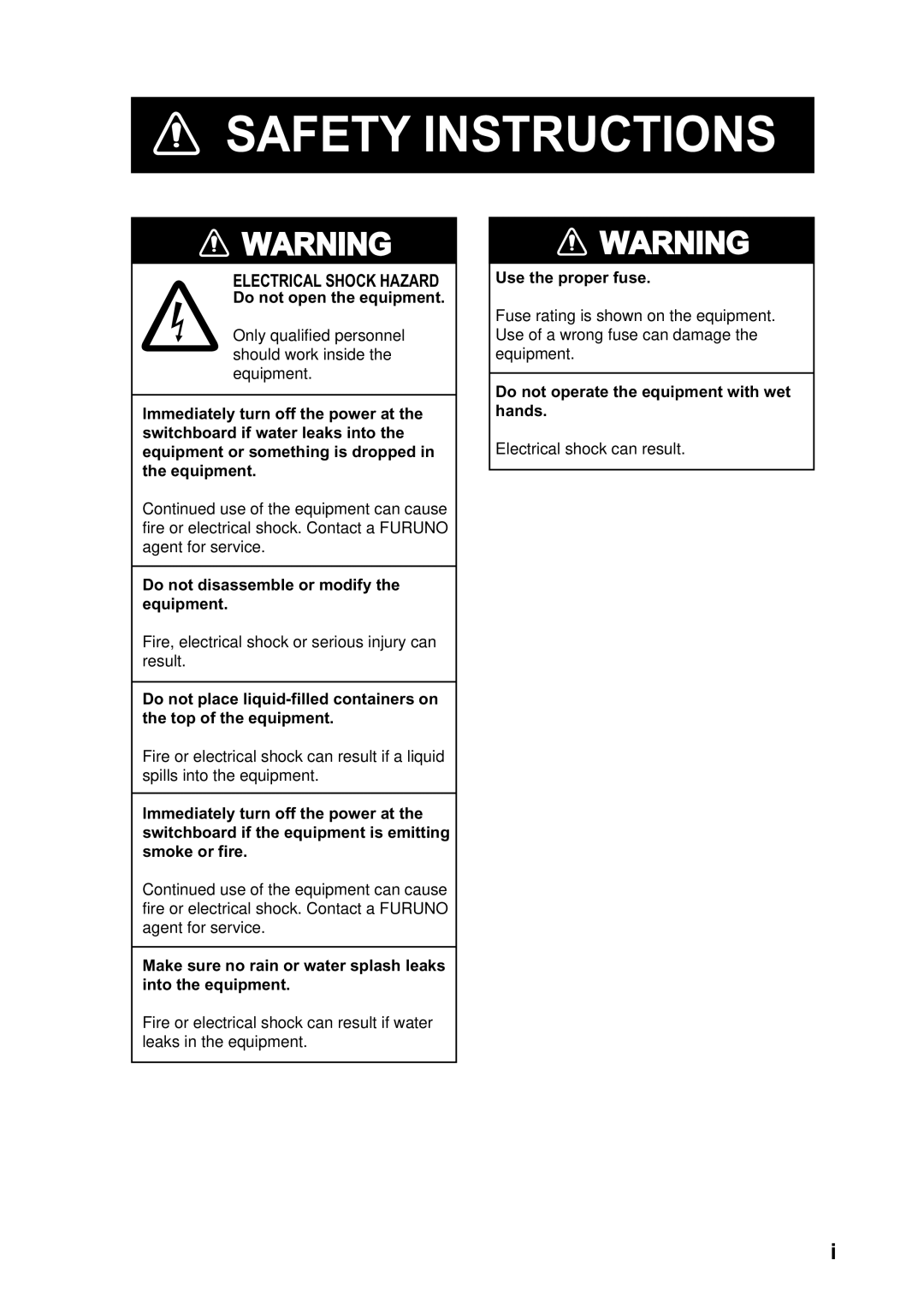 Furuno CSH-5L/CSH-8L manual Safety Instructions 