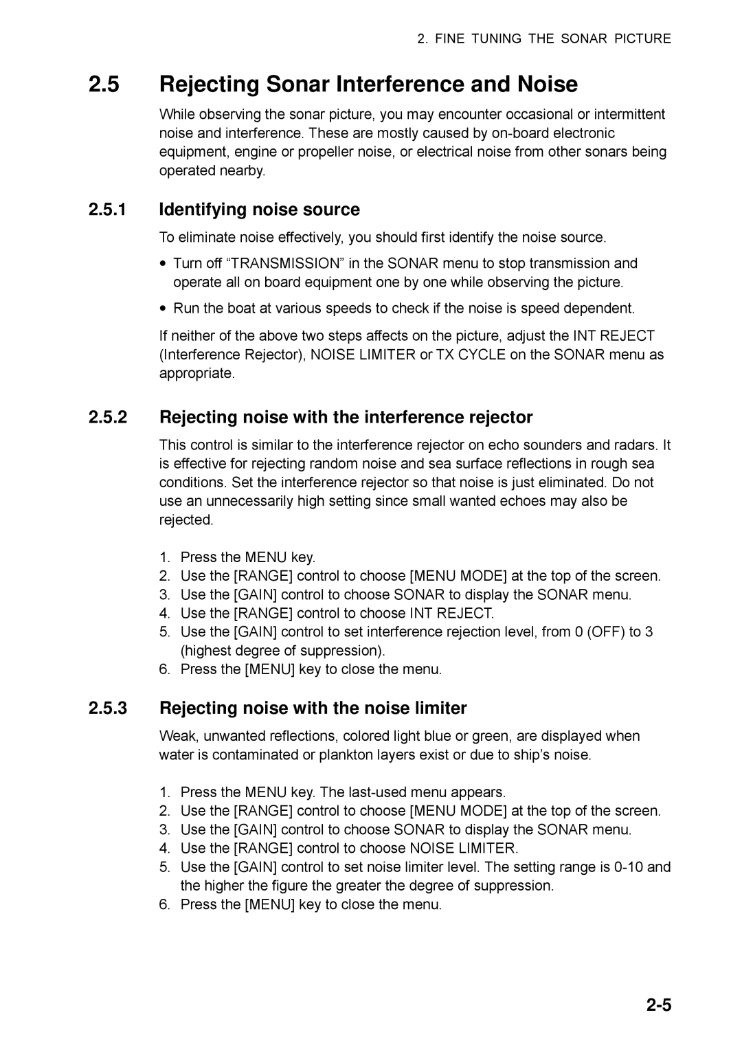 Furuno CSH-5L/CSH-8L manual Rejecting Sonar Interference and Noise, Identifying noise source 