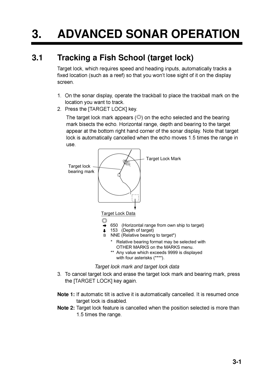 Furuno CSH-5L/CSH-8L Advanced Sonar Operation, Tracking a Fish School target lock, Target lock mark and target lock data 