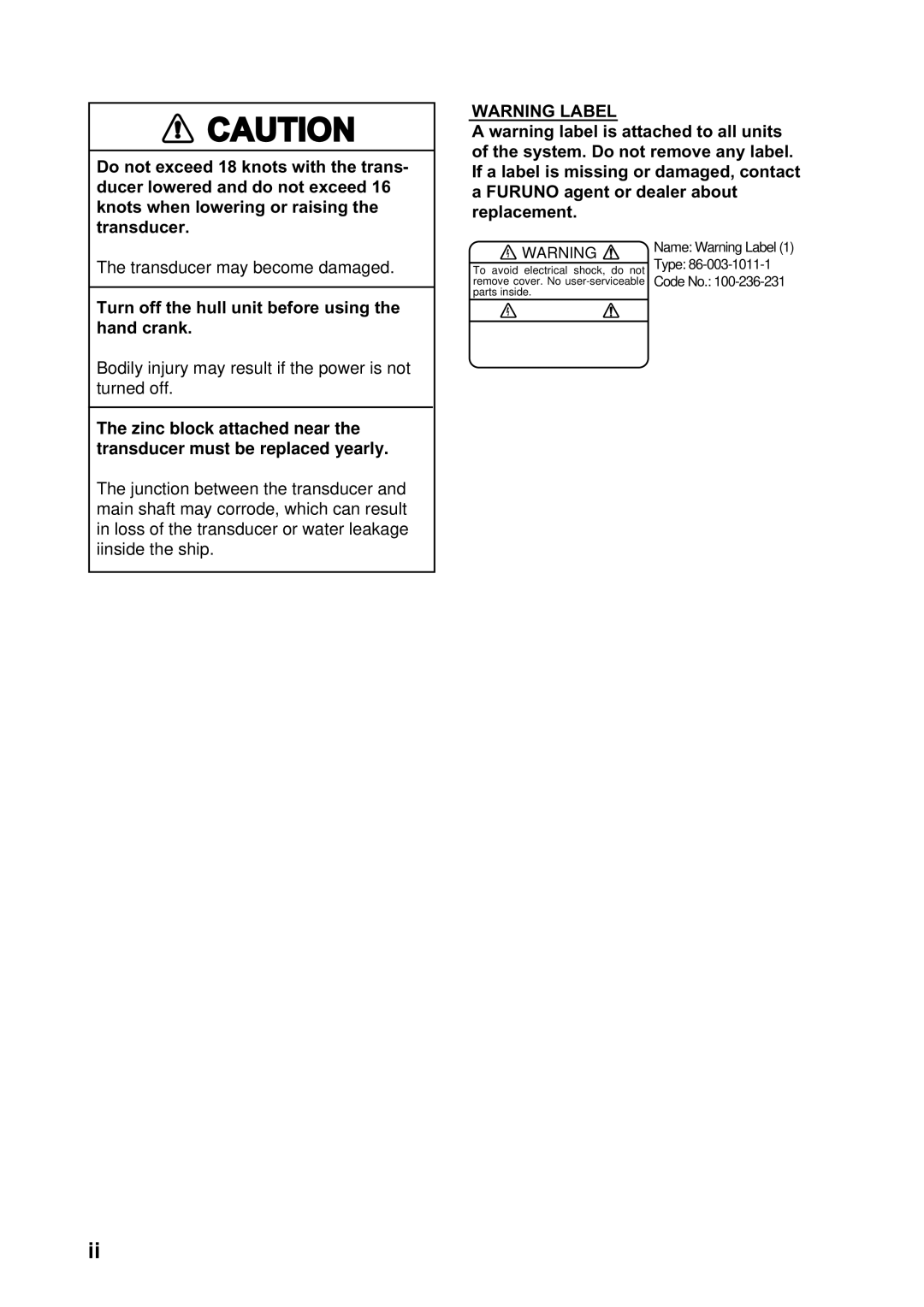 Furuno CSH-5L/CSH-8L manual Turn off the hull unit before using the hand crank 