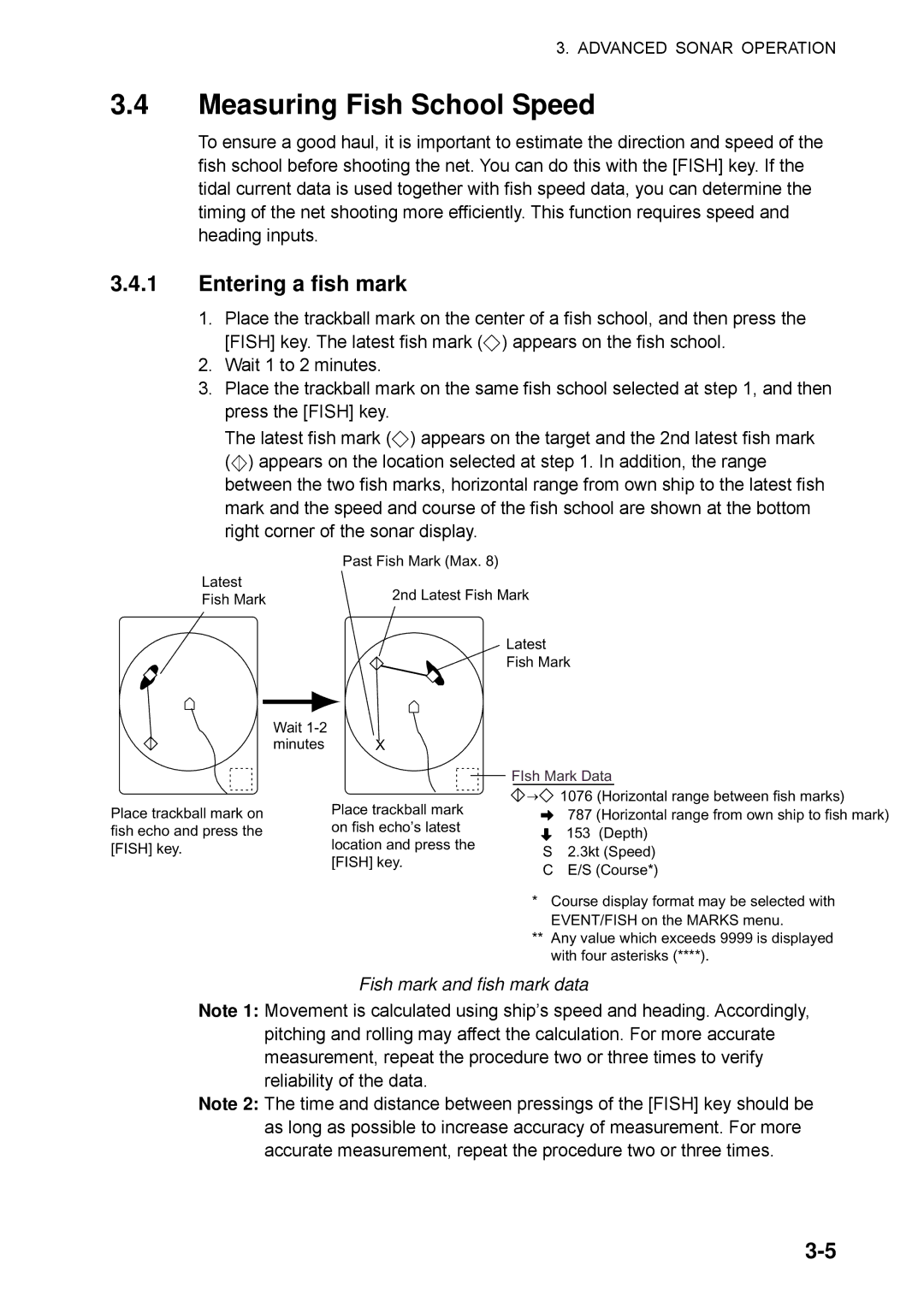 Furuno CSH-5L/CSH-8L manual Measuring Fish School Speed, Entering a fish mark, Fish mark and fish mark data 